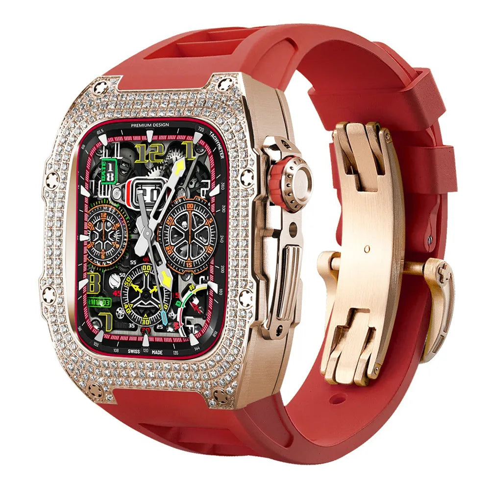 Diamond Stainless Steel Apple Watch Case Retrofit Kit - red band#color_red