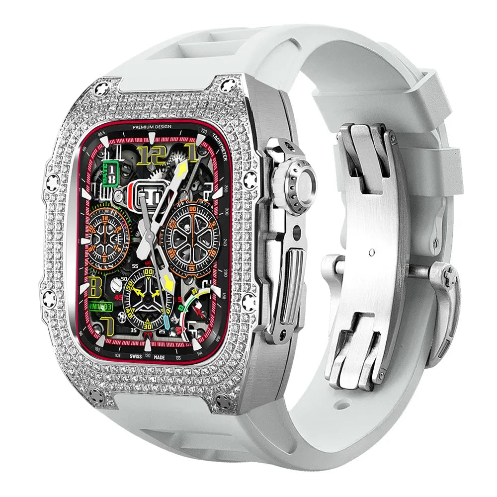 Diamond Stainless Steel Apple Watch Case Retrofit Kit - white band#color_white